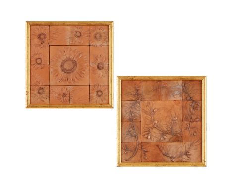 ITALIAN SCHOOL PAIR OF TILE PANELS, 20TH CENTURY one panel moulded with sunflowers, the other with olive branches, framed(39c