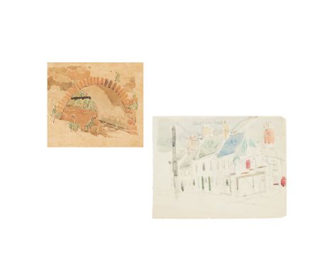 JESSIE MARION KING (1875-1949) THE BRIDGE watercolour, unsigned 18.5cm x 21cm; together with SKETCH OF A HOUSE, watercolour a