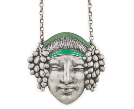 ETIENNE DAVID, FRANCE ART DECO PENDANT NECKLACE, CIRCA 1925 white metal and green enamel, stamped maker's monogram ED(pendant