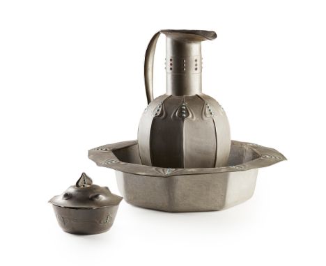 GEORGE LOGAN (1866-1939) FOR WALTER SCHERF &amp; CO., NUREMBERG GLASGOW STYLE TOILET SET, CIRCA 1901 pewter with inset turquo