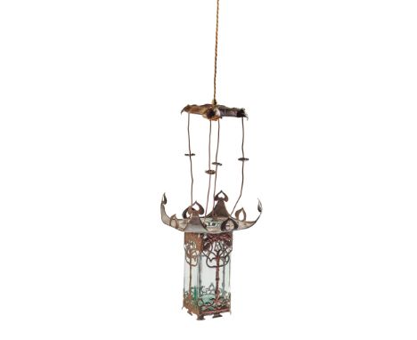 ENGLISH SCHOOL ARTS &amp; CRAFTS HANGING LIGHT, CIRCA 1900 repoussé-decorated copper, with green glass shade(25cm diameter, 6