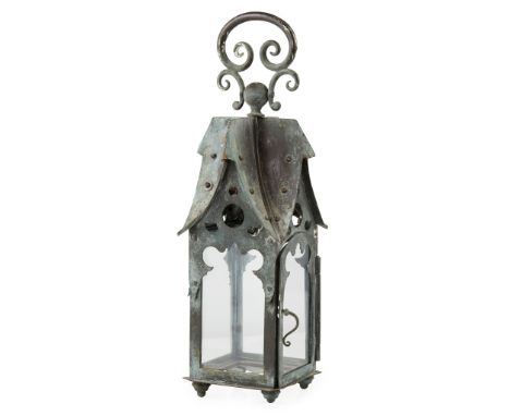 ENGLISH SCHOOL ARTS &amp; CRAFTS LANTERN, CIRCA 1900 weathered copper with glass panelled sides(38cm high)
