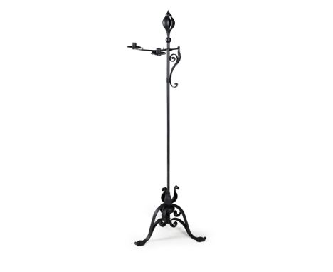 ENGLISH SCHOOL ARTS &amp; CRAFTS  ADJUSTABLE CANDELABRA, CIRCA 1900 wrought iron, raised on adjustable column, 144cm high (cl