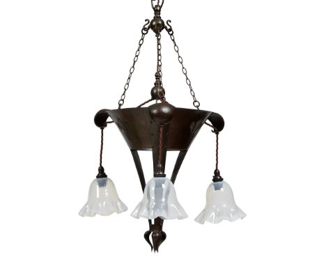 JESSON, BIRKETT &amp; CO., BIRMINGHAM ARTS &amp; CRAFTS CEILING LIGHT, CIRCA 1900 patinated copper, with three associated opa