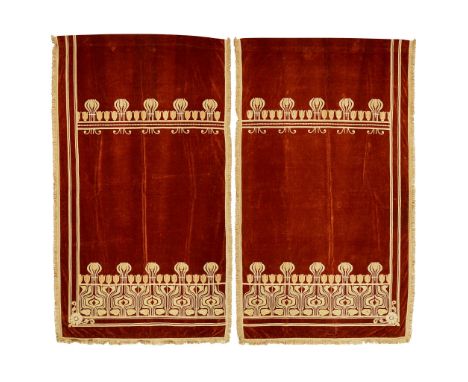 CONTINENTAL SCHOOL PAIR OF ART NOUVEAU EMBROIDERED CURTAINS, CIRCA 1890 russet velvet panels with applied embroidery, lined a