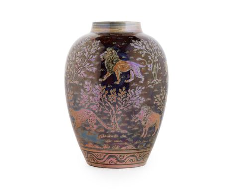 RICHARD JOYCE (1873-1931) FOR PILKINGTON'S TILE &amp; POTTERY CO.  LUSTRE VASE, DATED 1910 glazed, painted and moulded earthe