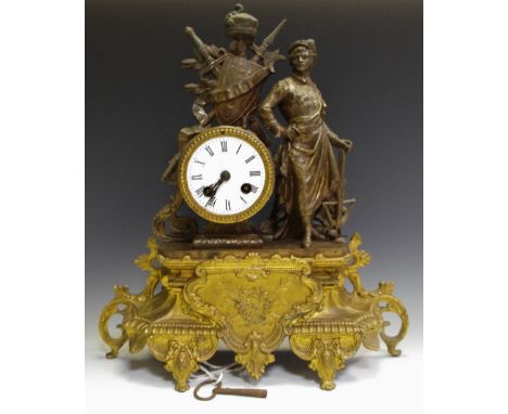 A 19th century figural mantel clock, spelter Guillaume Tell surmount enamel dial Roman numerals.