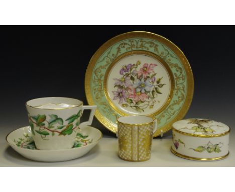 A Royal Crown Derby moustache cabinet cup &amp; saucer, ivy border puce mark to base; FM Cowley - trinket pot and cover, hand