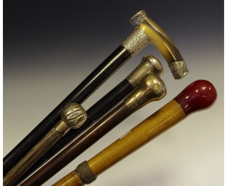 Four Victorian silver mounted walking canes; another walking cane with concealed light bulb (5)