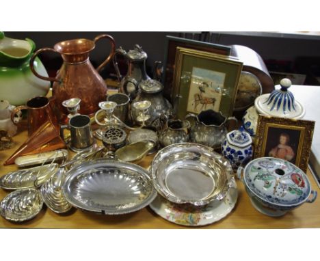 Boxes &amp; Objects - an early 20th century oak mantel clock; a 19th century copper ewer; Bayeux nuns paintings, framed c.191