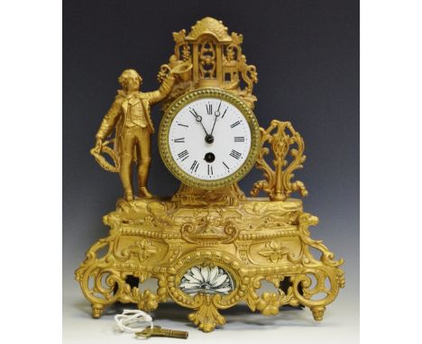 A 19th century figural gilt metal mantel clock with Dandy in the 18th century manner, enamelled dial, Roman numerals.