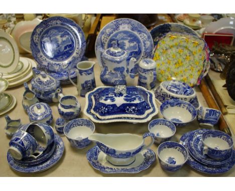 Spode blue and white - part tea and dinner services including tureen; cake plate; dining plates; gravy boat; teapot; coffee p