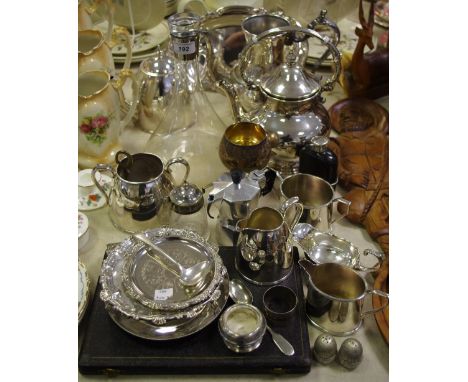 Silver Plated Ware - an Elkington E.P.N.S. three piece tea service; a hip flask; other hollow and flatwares