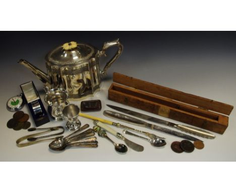 Silver and silver plate - silver tankard; napkin ring and sugar bows; plated tea pot;snuff box; coins 1797 half penny and flo