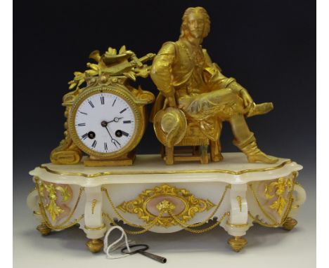 A gilt metal and alabaster figural mantel clock with seated cavalier, enamelled dial, Roman numerals.