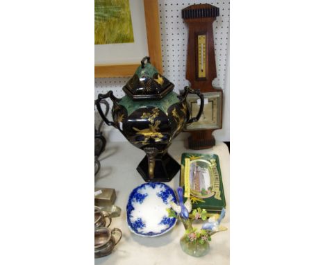 Boxes and objects - an oak barometer, 1930; a Staffordshire black and gilt samovar c.1870; a Crown Staffordshire blue tits on