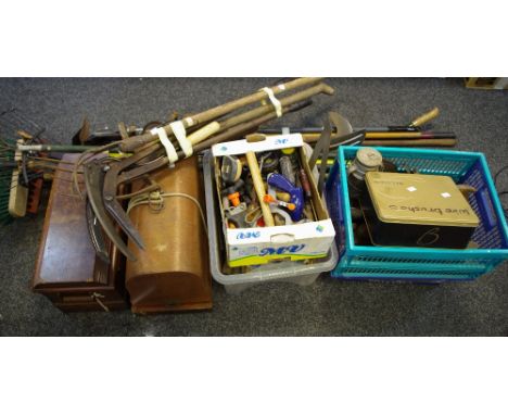 Tools - various garden rakes, spades, forks, hoe hand tools; two cased sewing machines, qty