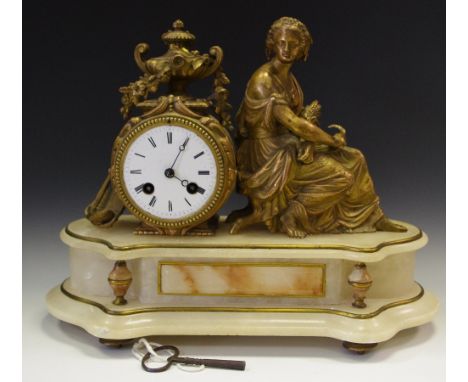 A 19th century figural gilt metal and alabaster mantel clock, Ceres seated to side of enamelled dial, Roman numerals.