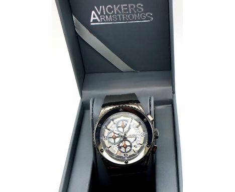 Vickers Armstrong; automatic skeleton gents wristwatch, boxed with papers working at lotting up. Case D: 44 mm. P&amp;P Group