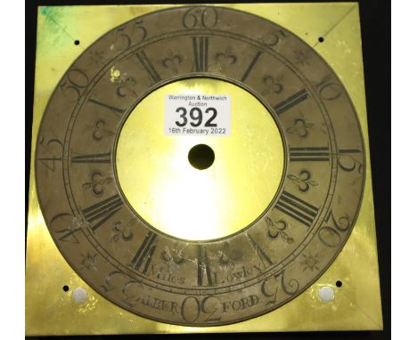 19th century brass long case clock chapter ring mounted on a new brass plate named to Miles Lowley of Abberford,  19 x 19 cm.