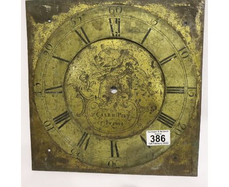 19th century brass long case clock dial named to Caleb Pitt of Frume, 28 x 28 cm. P&amp;P Group 3 (£25+VAT for the first lot 