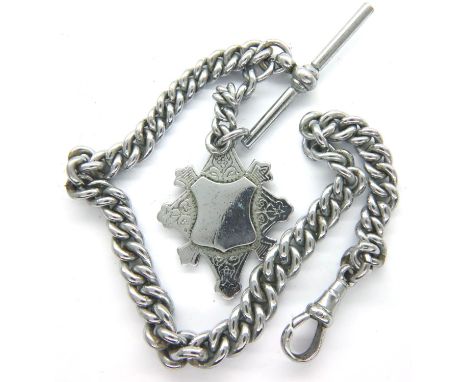 Silver plated single Albert watch chain of graduated links, with T bar, clip and fob, L: 27 cm. P&amp;P Group 1 (£14+VAT for 