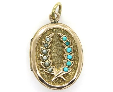 Yellow metal wreath locket pendant set with turquoise and seed pearls, unmarked, L: 28 mm, 7.4g. P&amp;P Group 1 (£14+VAT for