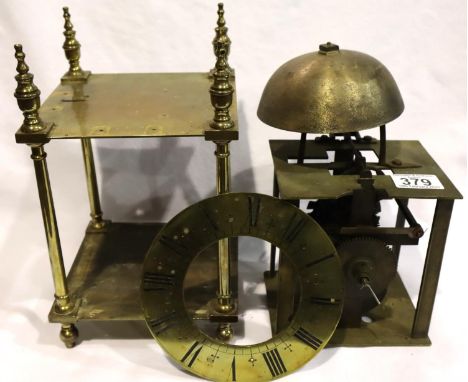 18th century cage framed long case clock mechanism with bell and a lacquered brass table clock cage (no movement). Not availa