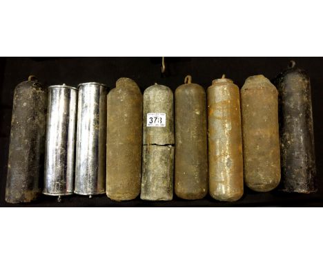 Nine 18th - 20th century long case clock weights including a pair of chromium cased (1 snapped). Not available for in-house P