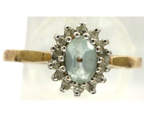 9ct gold diamond and aquamarine ring, size Q, 2.6g. P&amp;P Group 1 (£14+VAT for the first lot and £1+VAT for subsequent lots