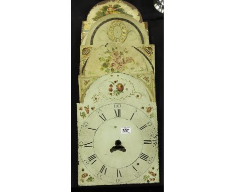 Four twelve inch painted arched long case clock dials. Not available for in-house P&amp;P, contact Paul O'Hea at Mailboxes on
