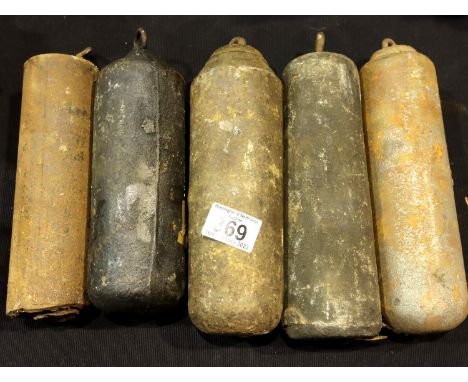 Five various 19th century cast iron long case clock weights. Not available for in-house P&amp;P, contact Paul O'Hea at Mailbo