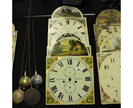 Three thirteen inch painted arched long case clock dials, one with moon phase aperture, all three repainted. P&amp;P Group 3 