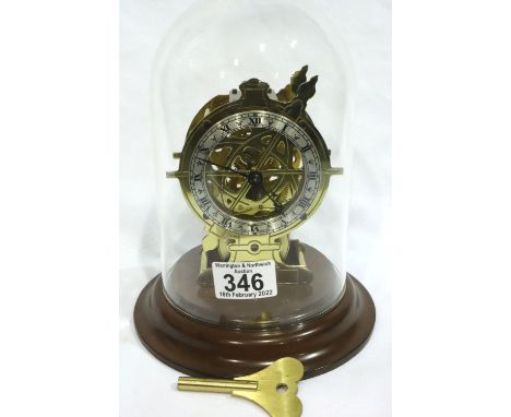 Elliott Of London skeleton clock beneath brass dome, overall H: 21 cm, working at lotting up. Not available for in-house P&am