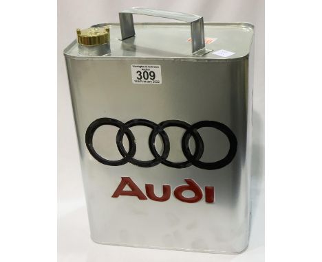 Silver Audi petrol can with brass cap, H: 30 cm. P&amp;P Group 3 (£25+VAT for the first lot and £5+VAT for subsequent lots) 