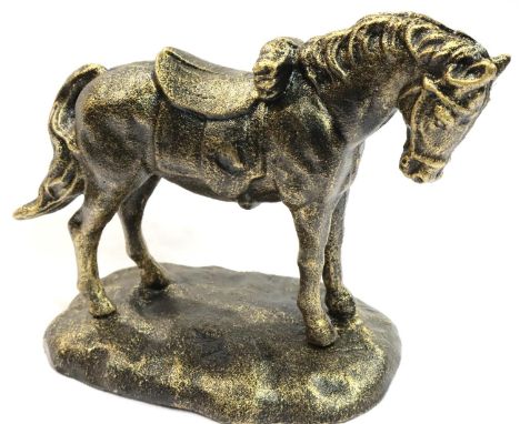 Bronzed cast iron saddled horse, L: 22 cm. P&amp;P Group 2 (£18+VAT for the first lot and £3+VAT for subsequent lots) 