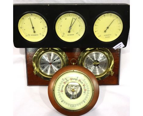 Three modern wall barometers, one with clock, another with thermometer hydrometer, largest L: 41 cm. Not available for in-hou