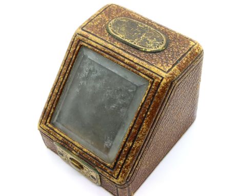 Edwardian glass leather fronted fob watch box. P&amp;P Group 1 (£14+VAT for the first lot and £1+VAT for subsequent lots) 