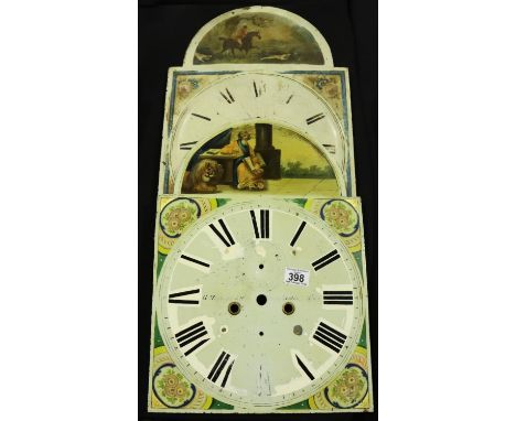Two thirteen inch painted arched long case clock dials. P&amp;P Group 3 (£25+VAT for the first lot and £5+VAT for subsequent 