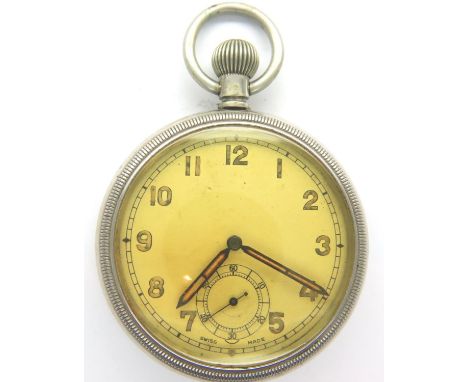 Swiss made 15 jewel screw back military pocket watch GS/TP 059948 and engraving verso. P&amp;P Group 1 (£14+VAT for the first