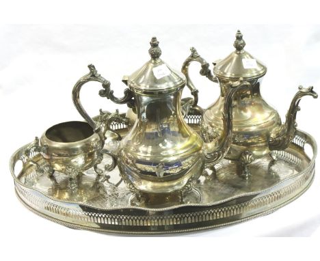 Silver plated four piece tea service and galleried tray. P&amp;P Group 3 (£25+VAT for the first lot and £5+VAT for subsequent