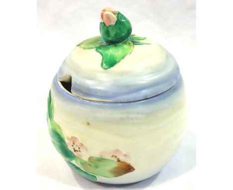 Clarice Cliff covered preserve pot in the Lillies pattern, repaired nibbles to lid rim and knob reglued and repainted, overal