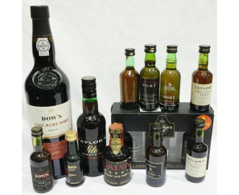Bottle of Dows Fine Ruby port and a collection of port miniatures. Not available for in-house P&amp;P, contact Paul O'Hea at 