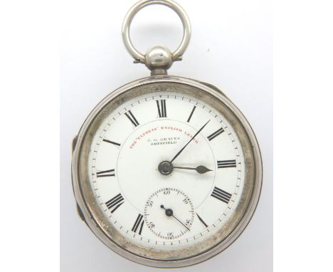 JG Graves Sheffield Express English hallmarked silver cased key wind pocket watch, not working at lotting, lacking glass. P&a