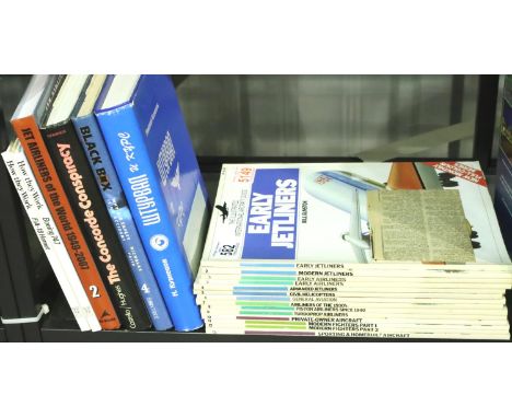 Shelf of aircraft books and illustrated aircraft guide. Not available for in-house P&amp;P, contact Paul O'Hea at Mailboxes o