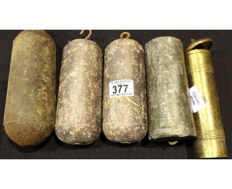 Pair of lead long case clock weights and three further weights (5). Not available for in-house P&amp;P, contact Paul O'Hea at