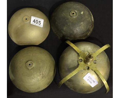 Four large clock bells, one with brass cage, largest D: 15 cm. P&amp;P Group 3 (£25+VAT for the first lot and £5+VAT for subs