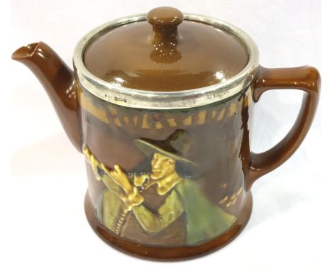 Royal Doulton glazed stoneware teapot in the Pied Piper pattern with hallmarked silver rim, H: 15 cm, crazed but otherwise no