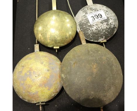 Four mixed long case clock pendulums, two lacking feathers. Not available for in-house P&amp;P, contact Paul O'Hea at Mailbox