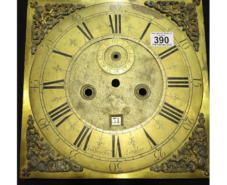 19th century brass long case clock dial named to George Stratford of London, 31 x 31 cm. P&amp;P Group 3 (£25+VAT for the fir